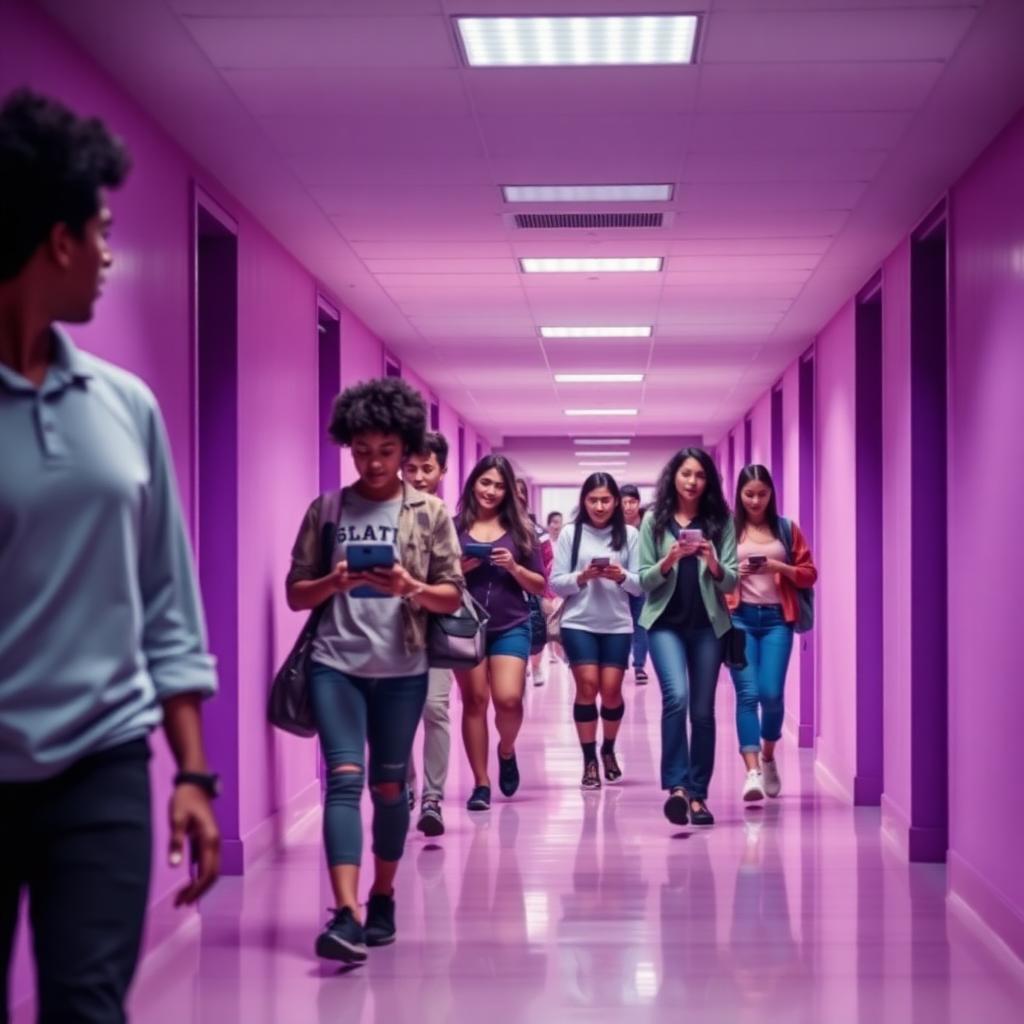 Estudantes brasileiros conectados no corredor de uma escola moderna