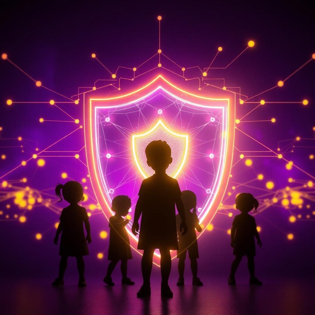 Ilustração de escudo digital protegendo crianças em rede